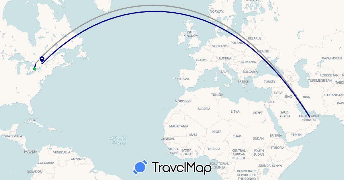 TravelMap itinerary: driving, bus, plane in United Arab Emirates, Canada (Asia, North America)